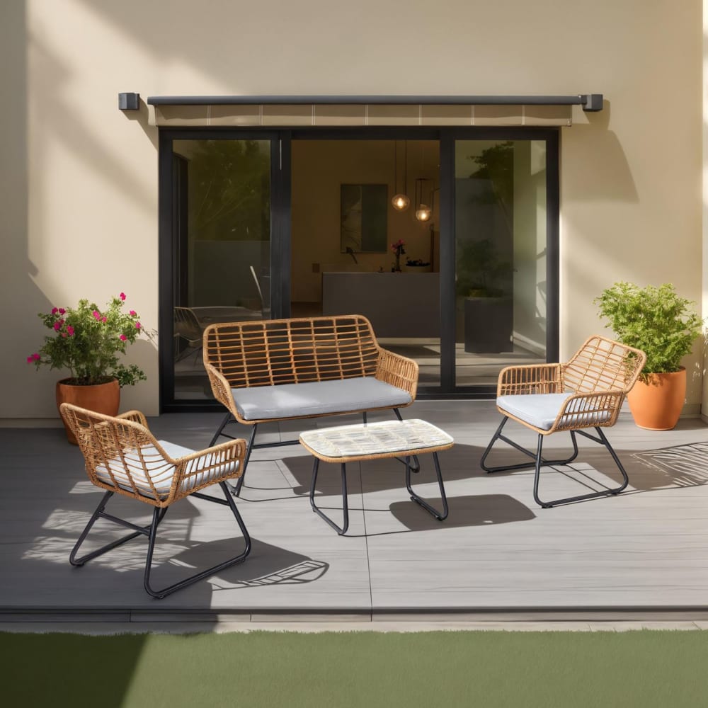 Salon de jardin 4 places en acier et polyrotin, noir/brun