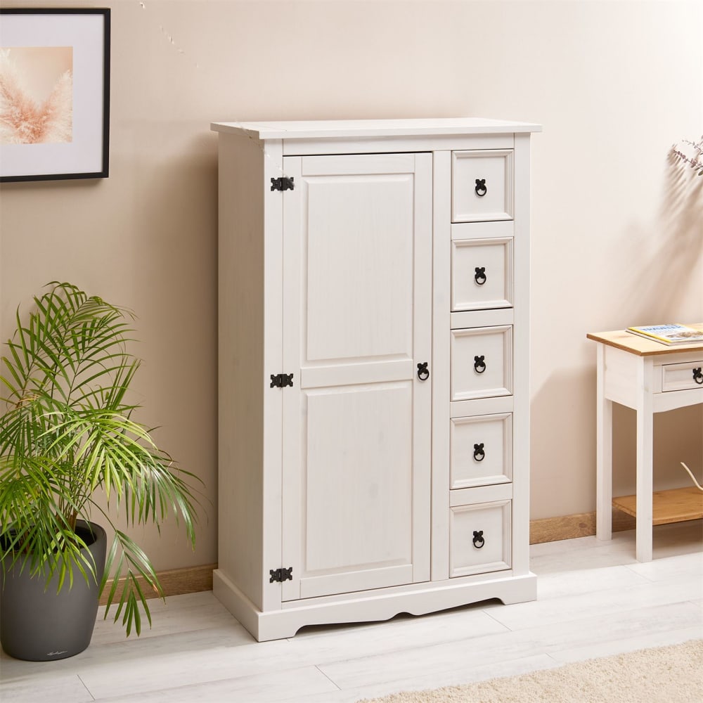 Buffet apothicaire 1 porte 5 tiroirs en bois massif, blanc - Maisons du Monde