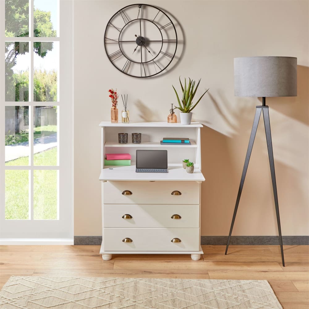 Bureau secrétaire 3 tiroirs et plateau refermable en bois massif blanc