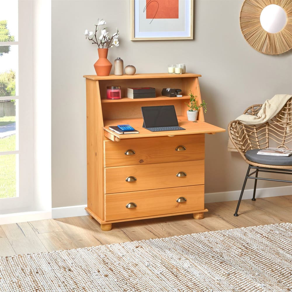 Bureau secrétaire plateau refermable en bois massif, finition cirée