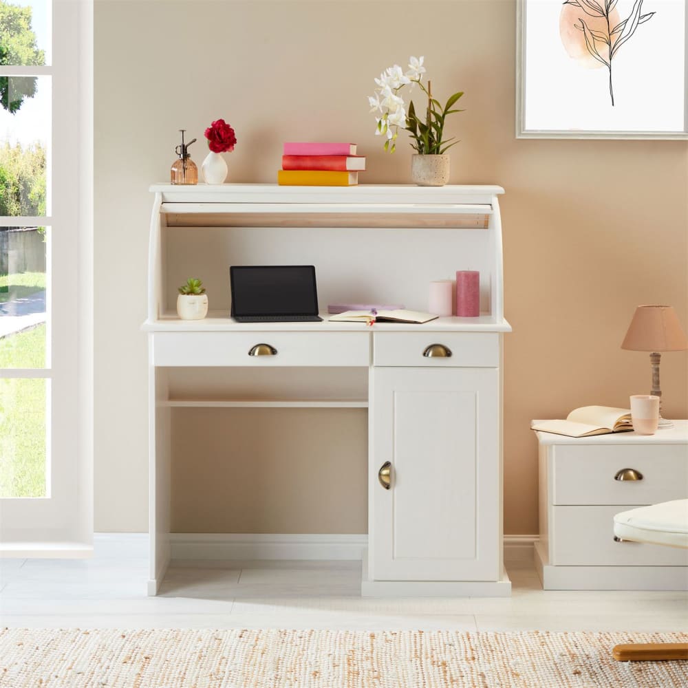 Bureau secrétaire avec volet roulant, en bois massif, blanc