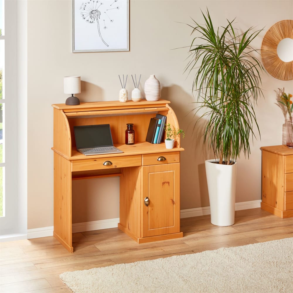 Bureau secrétaire avec volet roulant, en bois massif, effet antique