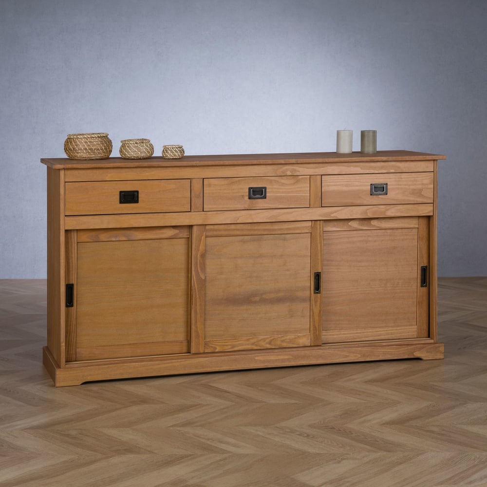 Buffet 3 portes coulissantes 3 tiroirs en bois massif, brun - Maisons du Monde