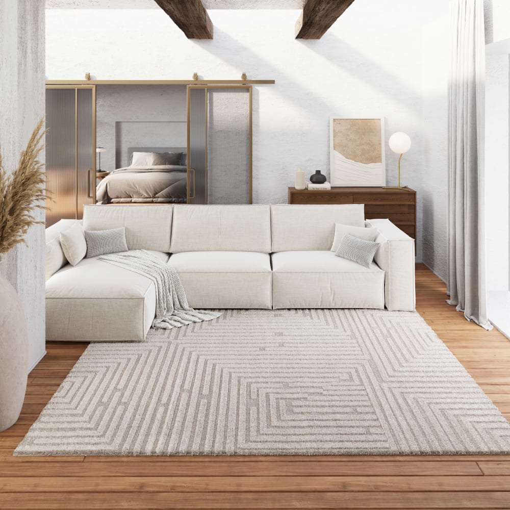 Tapis design à motif labythinthe et relief tons de beige 140x200 — vue 3