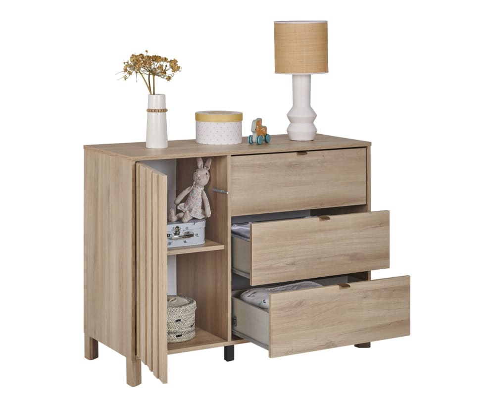 Commode calypso 3 tiroirs 1 porte effet bois chêne doré effet claustra (Galipette) - Image 1