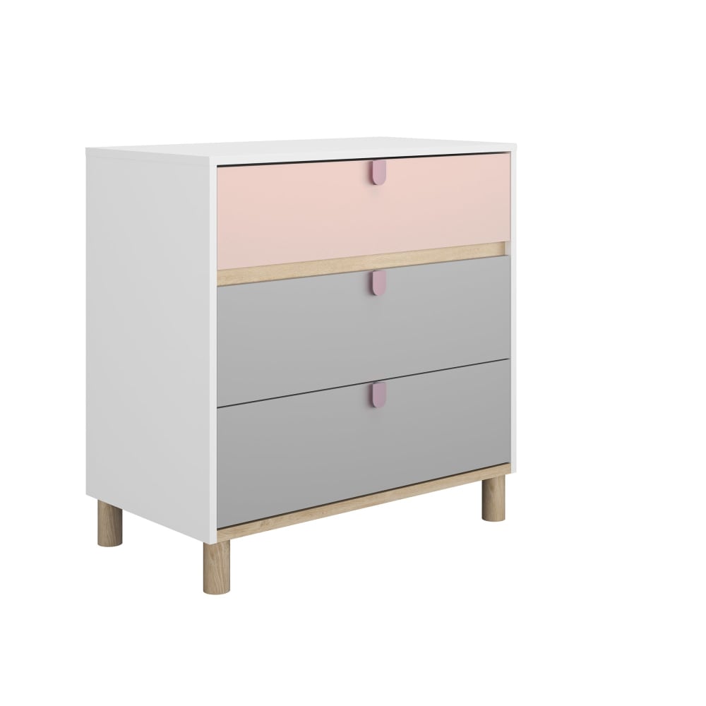 Commode 3 tiroirs blanc finition mate avec poignées rose - Maisons du Monde