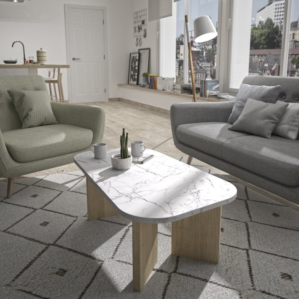 Table basse effet marbre blanc & pieds châtaignier mat - Maisons du Monde