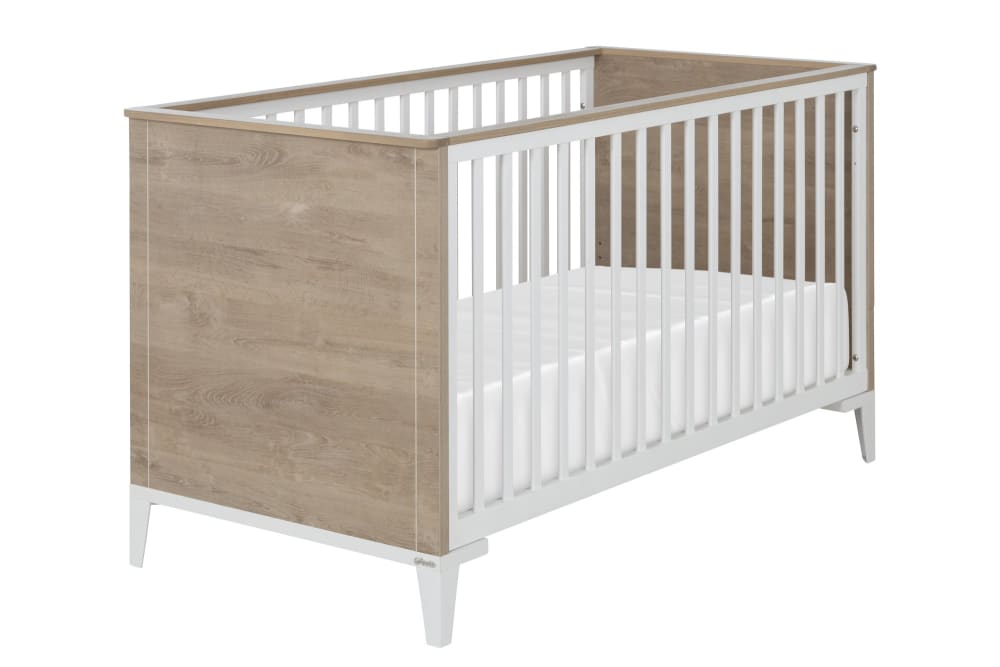 Lit bébé évolutif 70cm x 140cm effet bois chêne blond & blanc + 2 pans (Galipette) - Image 1