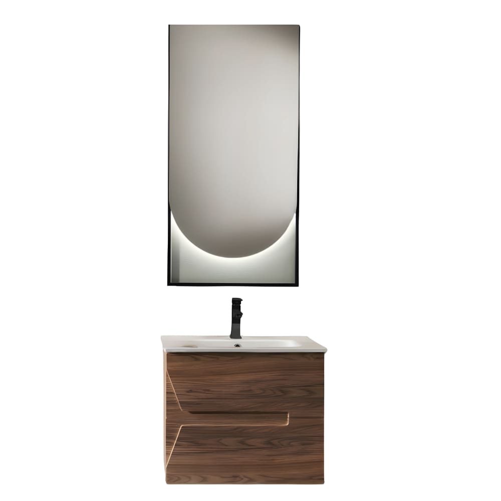 Meuble de salle de bain suspendu avec 2 tiroirs, lavabo et miroir Led