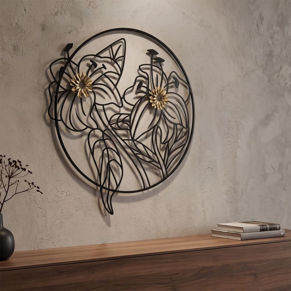 MAURO FERRETTI Dekorative 3D-Metallwandplatte mit Blumenmotiv in einem runden Rahmen. Maße: 63 x 69 cm, Stärke: 2 cm. Schwarz