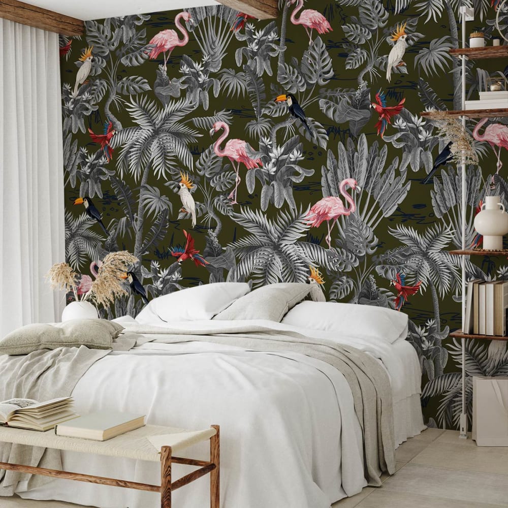 papel pintado panoramico exoticos flamencos tropicales 364x270cm