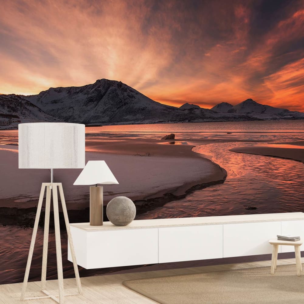 Hexoa Panorama-Tapete sonnenuntergang im schnee 364x270cm style landhaus orange Vlies