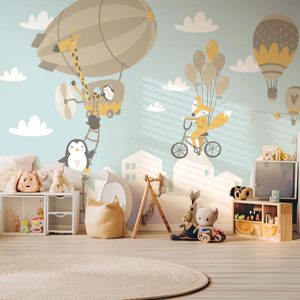 Hexoa Kindertapete tiere im heißluftballon 364x270cm style modern MEHRFARBIG VLIES Kinder