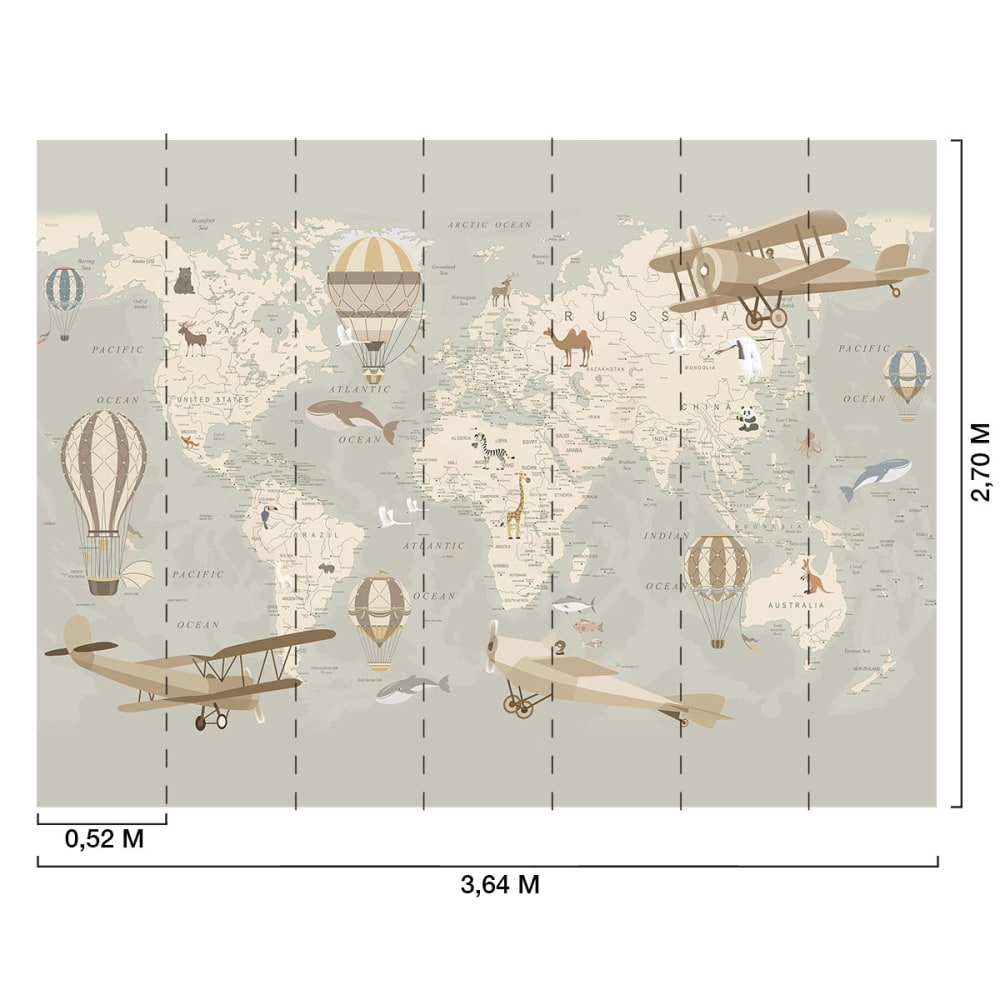 Papier peint enfant carte du monde et montgolfieres 364x270 cm