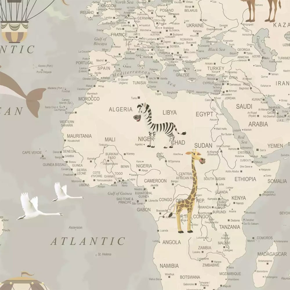 Papier peint enfant carte du monde et montgolfieres 364x270 cm (Hexoa) - Image 2