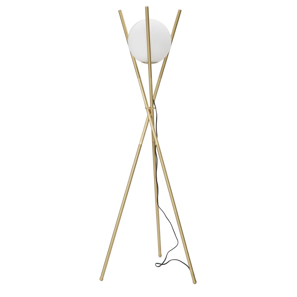 Lampadaire en métal doré avec sphère en verre blanc Ø 55x155 cm