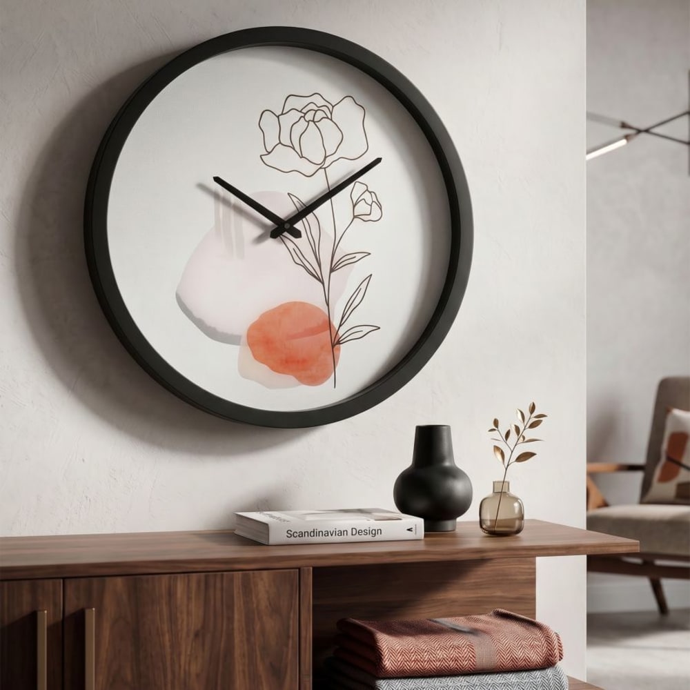 Horloge murale ronde en bois et verre avec fleurs ø 40x3,5 cm Horloge murale ronde en bois et verre avec fleurs ø 40x3,5 cm