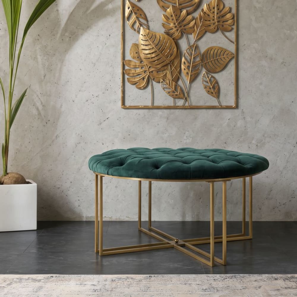 Mauro Ferretti Pouf aus Metall, goldfarbenem und grünem Stoff, Ø 90 x 49 cm style classic chic - Stoff