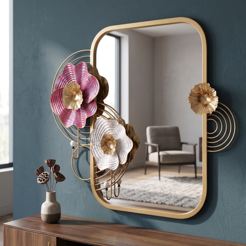 Mauro Ferretti Wandspiegel mit mehrfarbigen Metallblumen, 75 x 9,5 x 64,1 cm style modern Gold Metall