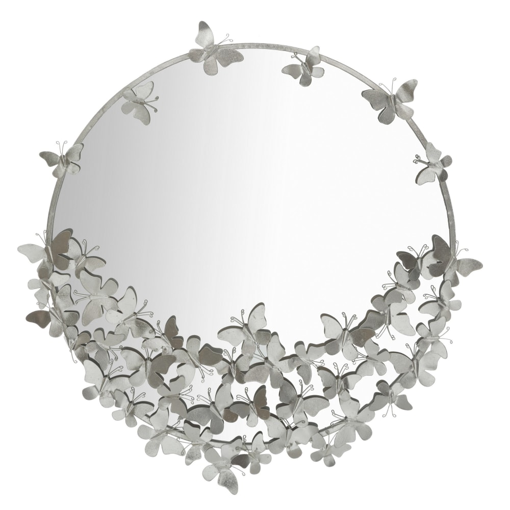 Miroir mural rond papillons en métal argenté 91x3x94 cm