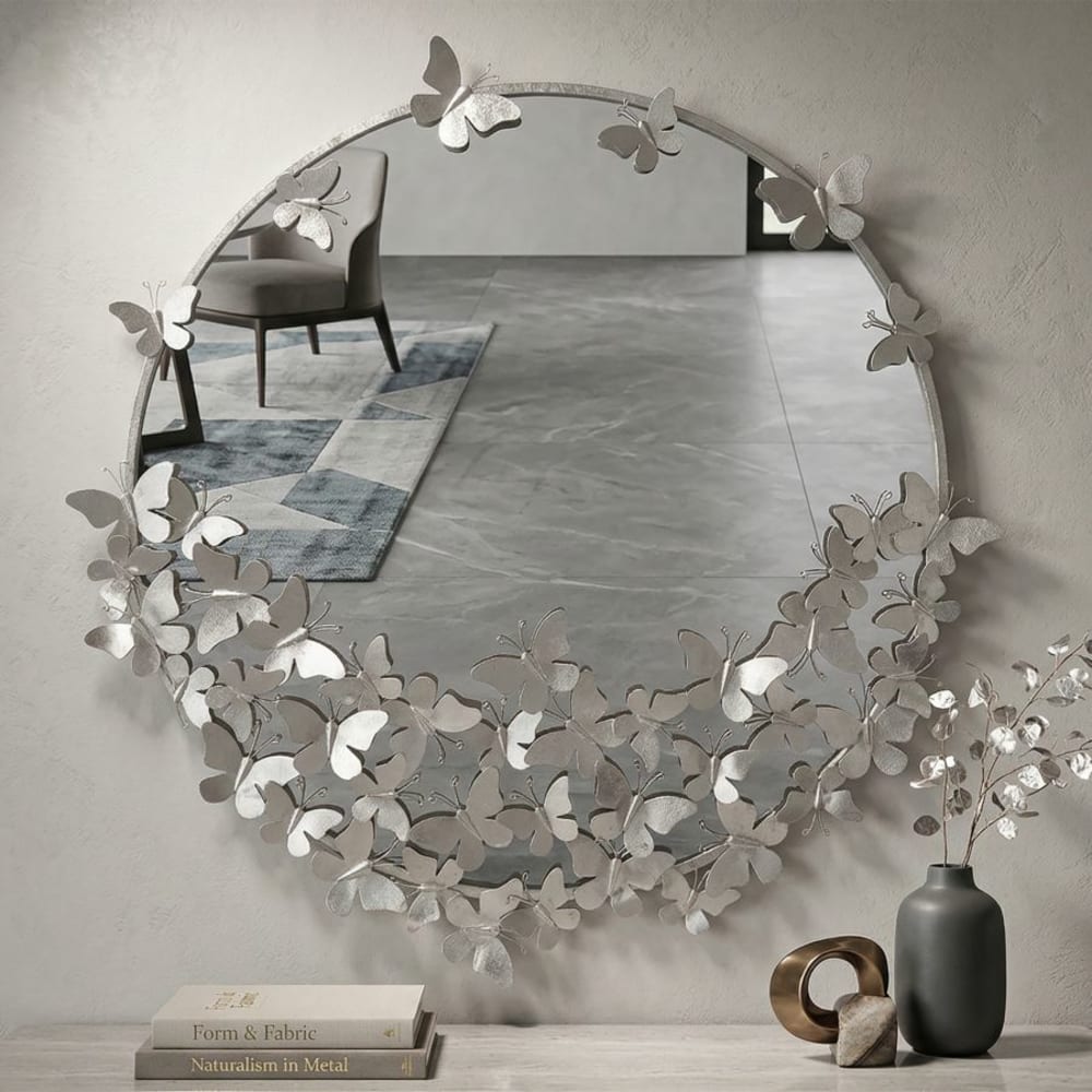 Mauro Ferretti Runder Wandspiegel Schmetterlinge aus silberfarbenem Metall 91x3x94 cm style classic chic - Metall