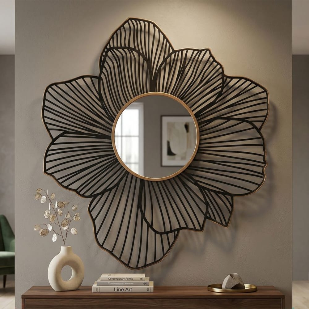 Mauro Ferretti Schwarzer und goldener Metallwandspiegel, 79 x 6 x 86,5 cm style modern Schwarz Metall