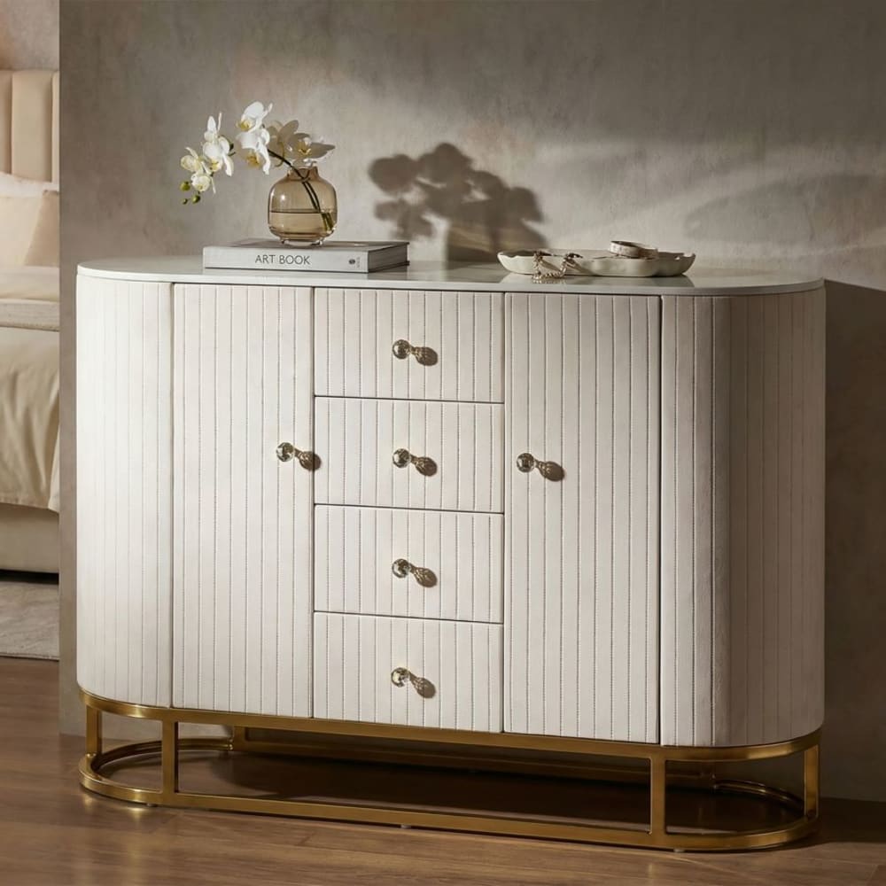 Meuble en métal tissu bois doré beige blanc 120x40x85 cm Meuble en métal tissu bois doré beige blanc 120x40x85 cm