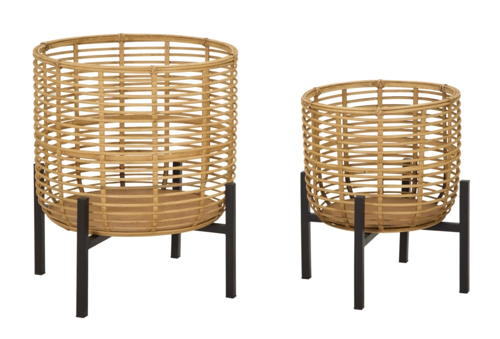 Lot de 2 cache-pots en rotin et métal marron et noir ø 41x47-33x39 cm