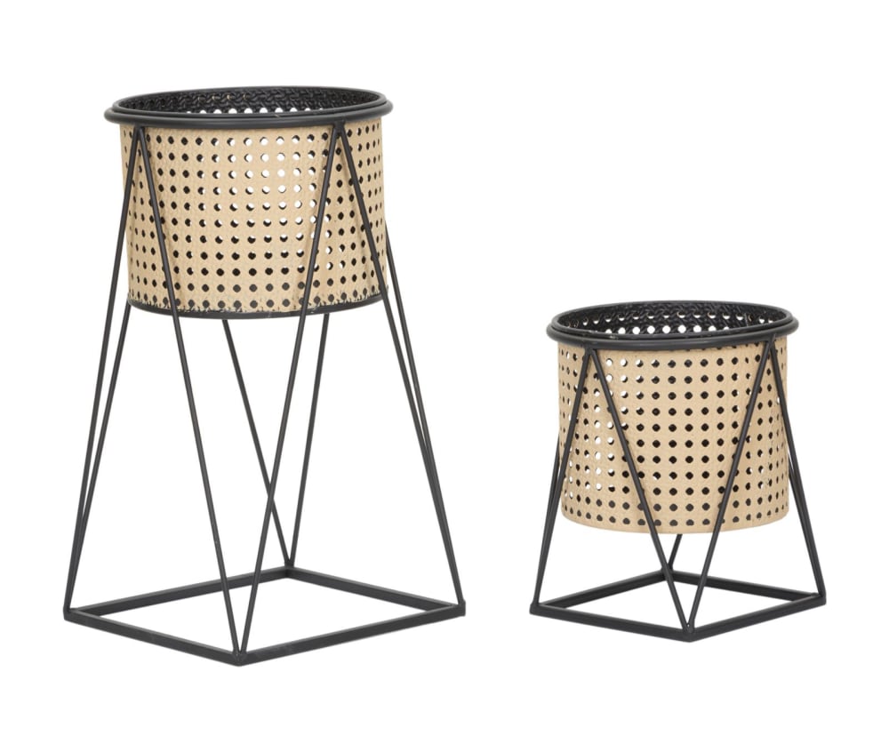 Lot de 2 cache-pots en métal beige et noir ø 21x40-19x22 cm