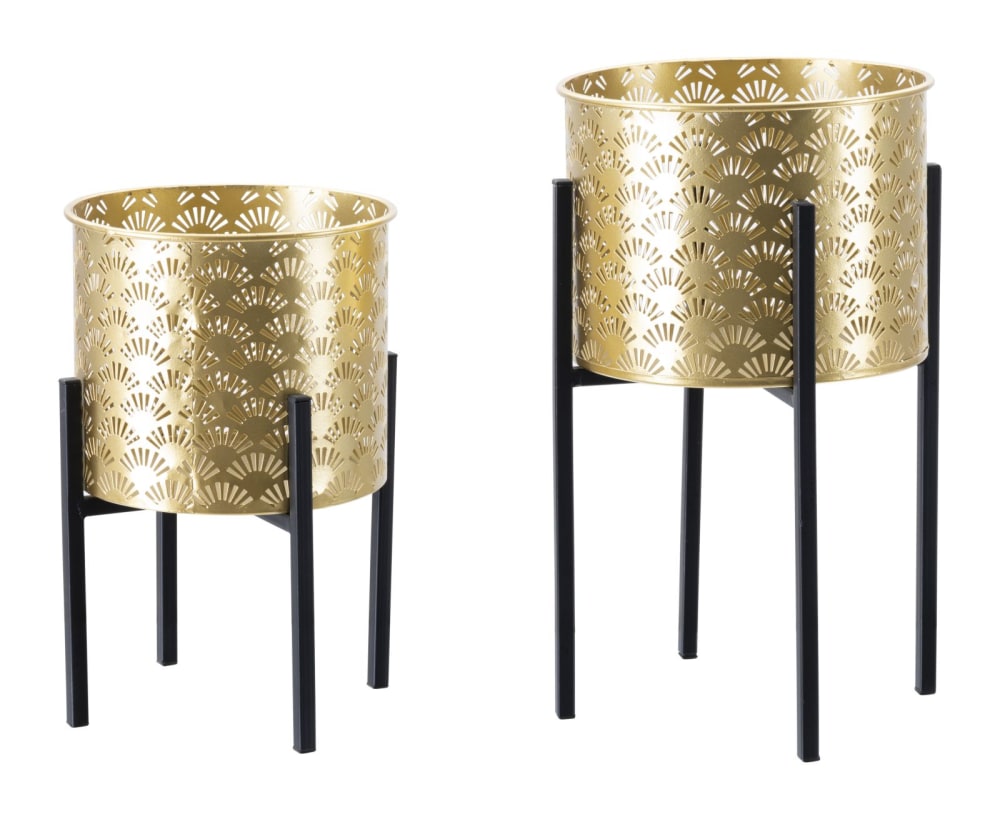 Lot de 2 cache-pot en métal doré et noir ø 21x38-19x28 cm