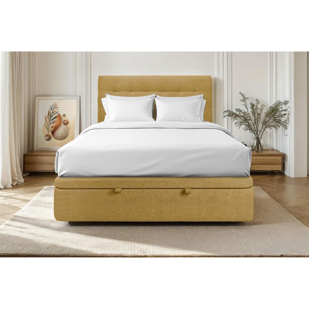 Lit coffre avec tête de lit capitonnée tissu jaune 160x200
