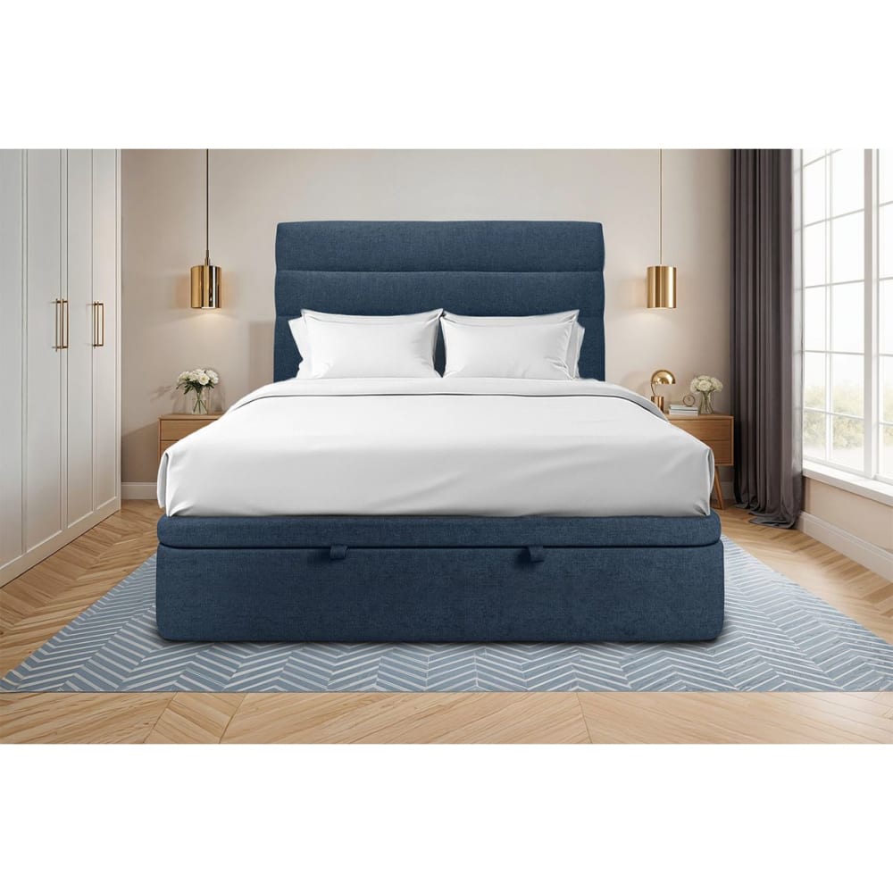 Lit coffre avec tête de lit lignes tissu bleu océan 140x200