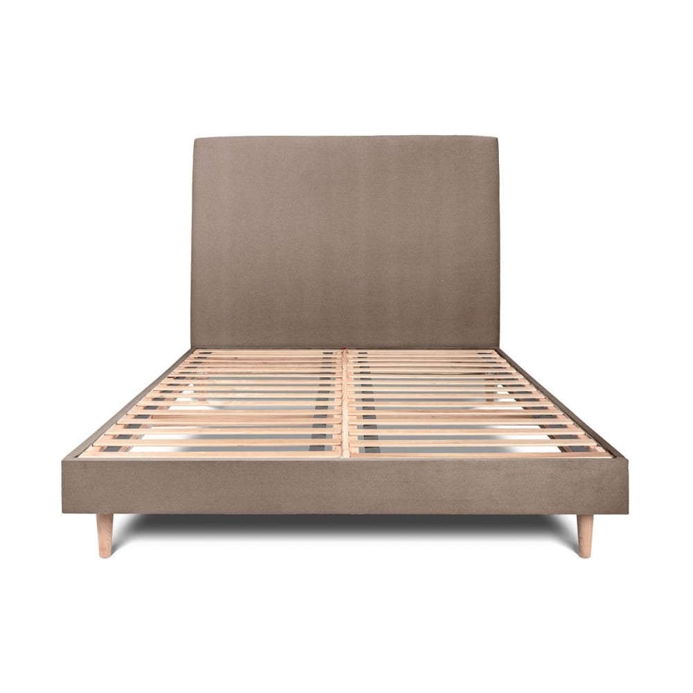 Lit avec tête de lit tapissier velours et sommier kit  Taupe 140x190