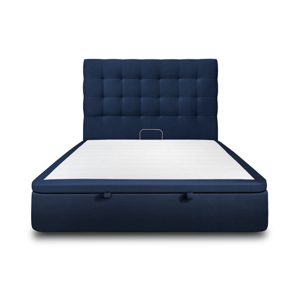 Lit coffre avec tête de lit capitonnée Velours Bleu océan 140x190