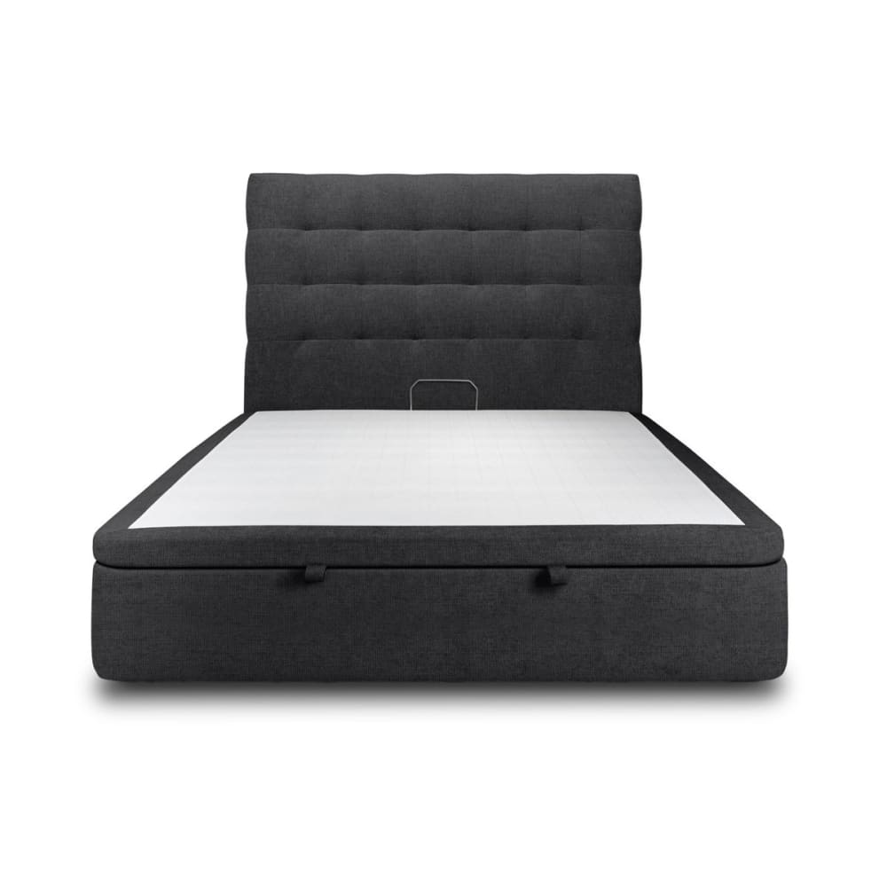 Lit coffre avec tête de lit capitonnée Tissu Noir 140x190