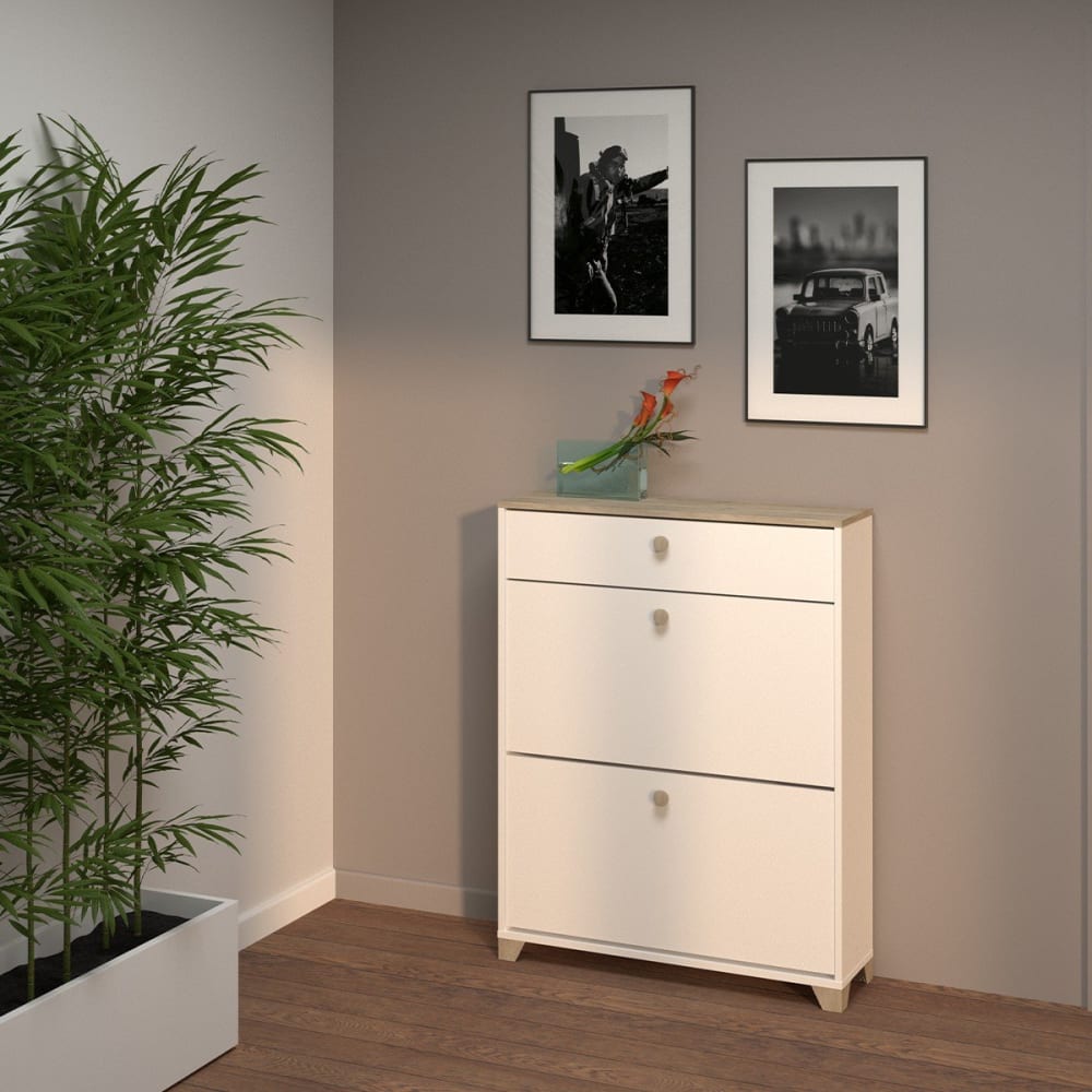 Meuble à chaussures 2 abattants et 1 tiroir  - L80,8 cm - Blanc