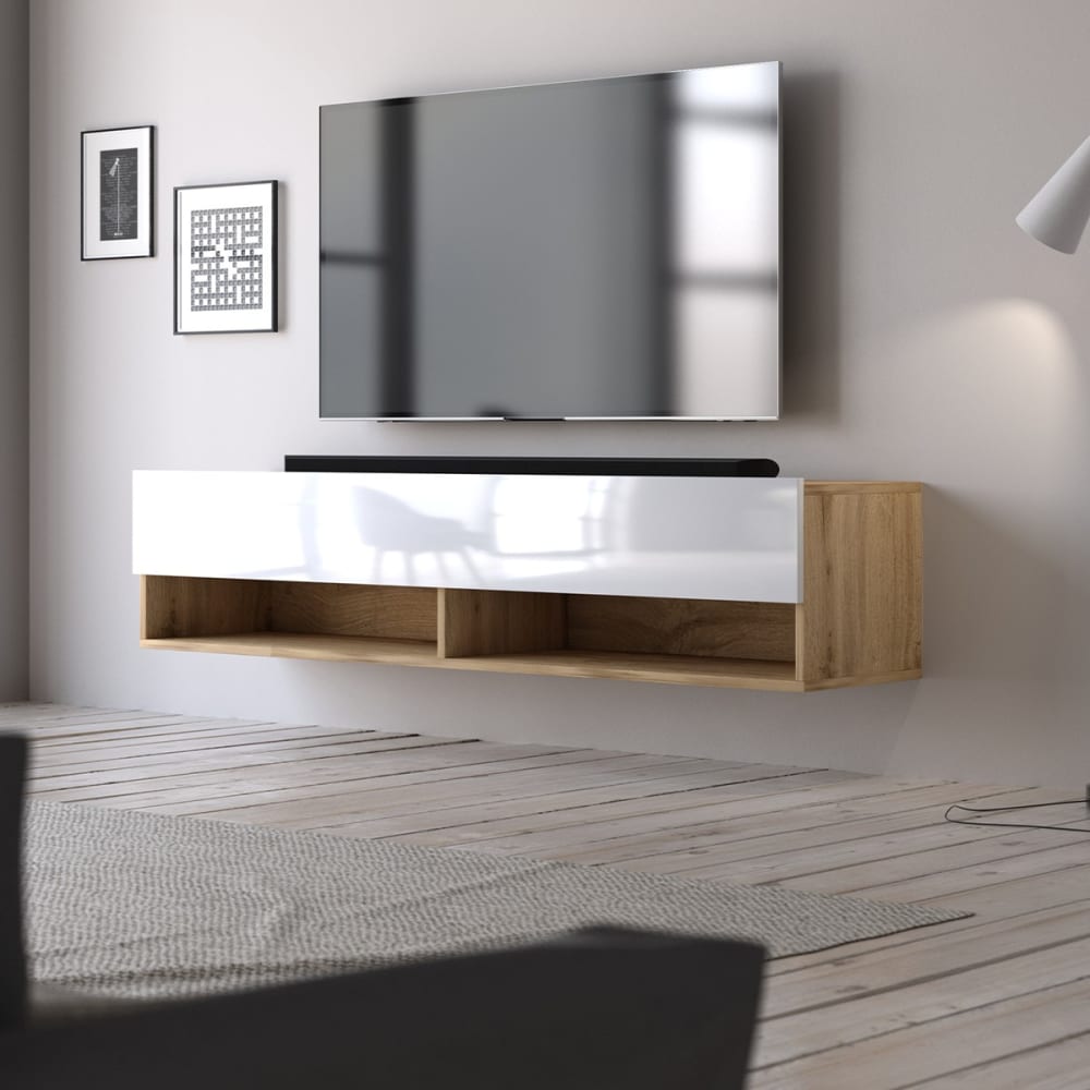 Meuble TV suspendu 1 porte abattant - L140 cm - Chêne artisan / blanc