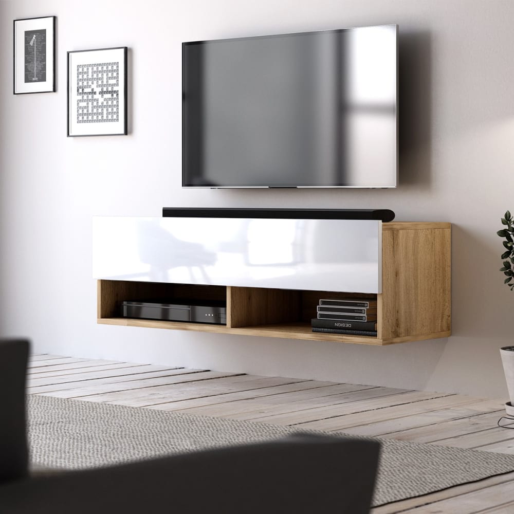 Meuble TV suspendu 1 porte abattant - L100 cm - Chêne artisan / blanc