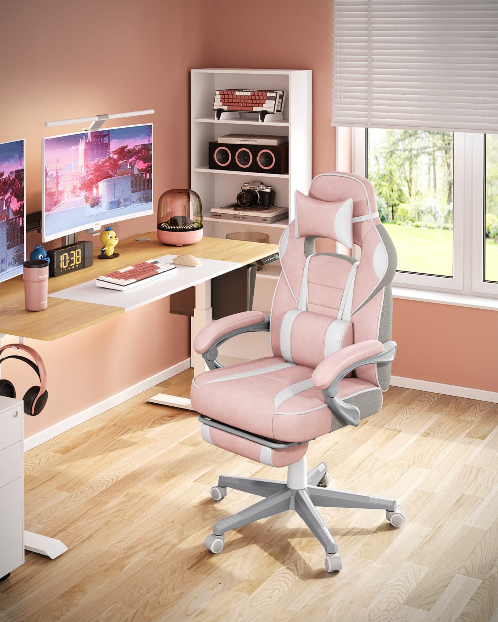 Fauteuil de bureau repose-pieds télescopique rose bonbon et blanc