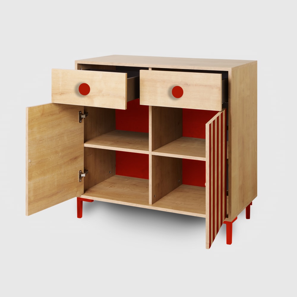 Commode 2 portes 2 tiroirs couleur chêne avec des rayures rouges (RNT by Really Nice Things) - Image 2
