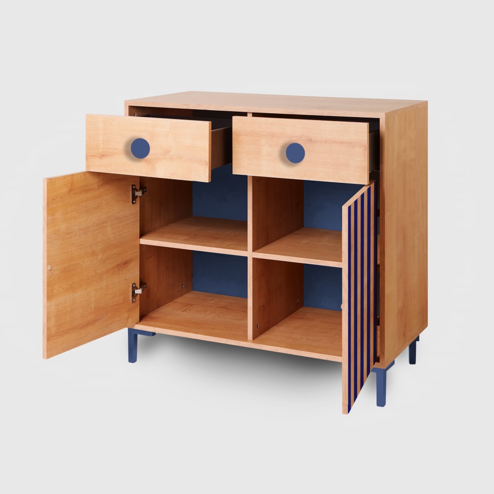 Commode 2 portes 2 tiroirs couleur chêne avec des rayures bleues (RNT by Really Nice Things) - Image 3
