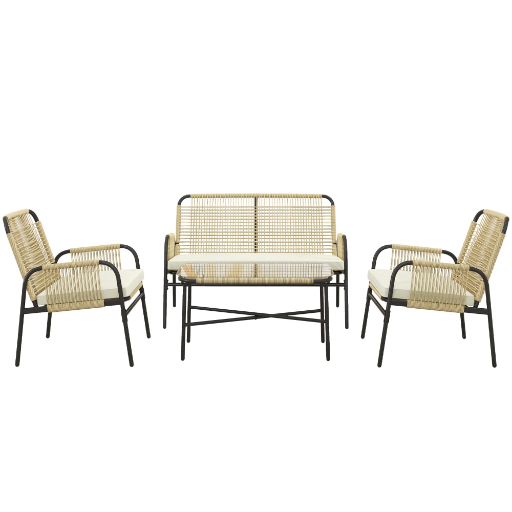 Salon de jardin 4 places 4 pcs style colonial coussins crème inclus