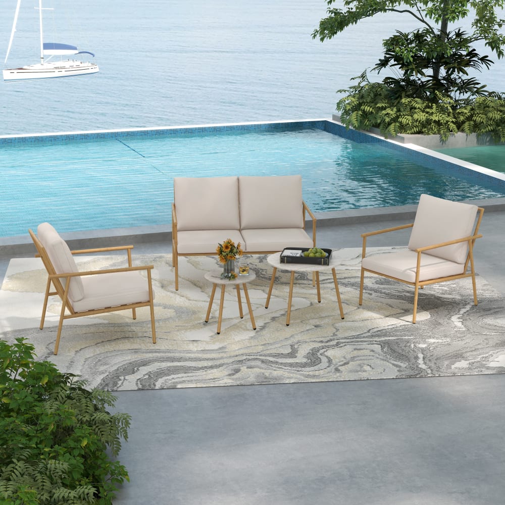 Salon de jardin 4 places 5 pcs exotique coussins grège aspect bambou