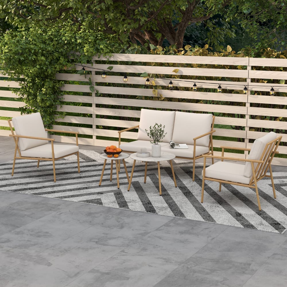 Salon de jardin 4 places 5 pcs exotique coussins grège aspect bambou