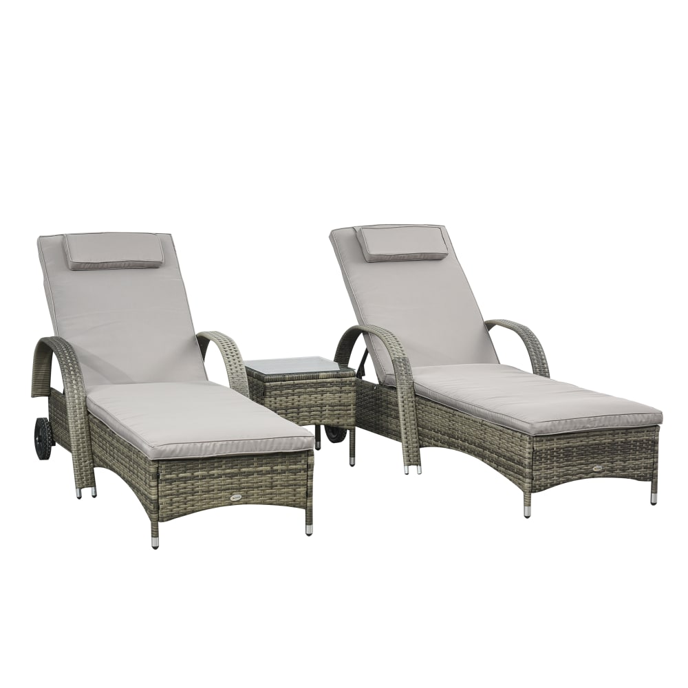 Lot de 2 bains de soleil grand confort table basse verre résine gris