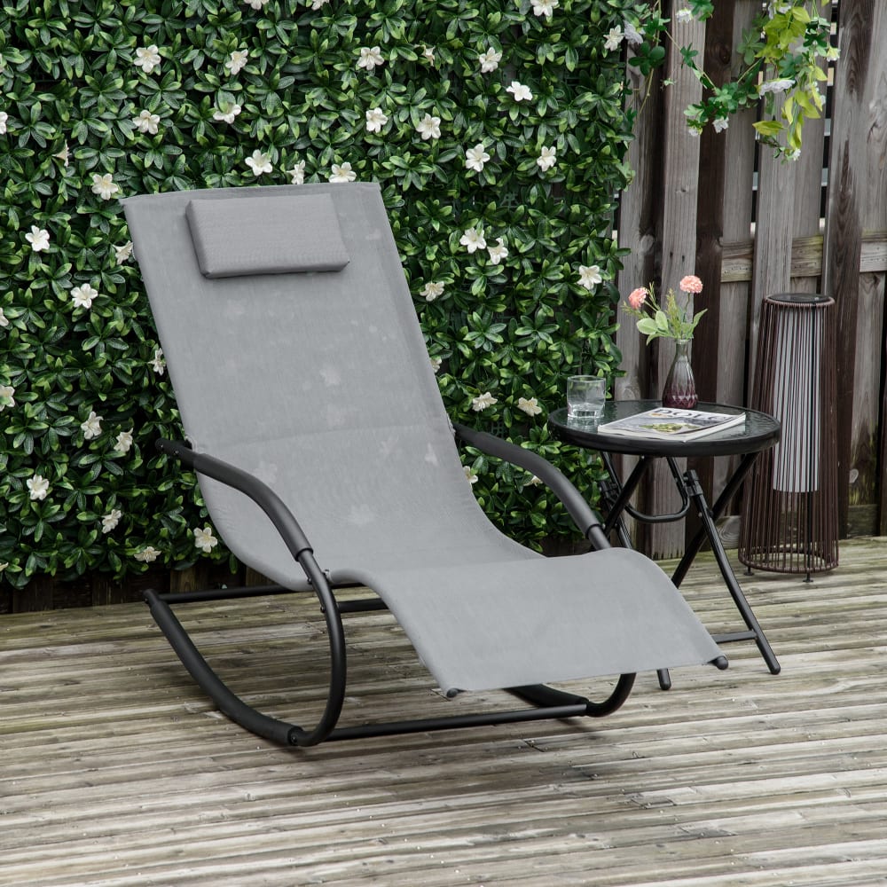 Chaise longue à bascule design acier époxy noir textilène gris