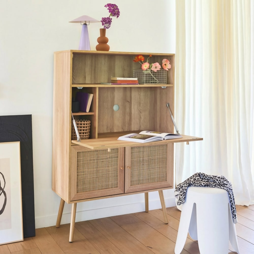 sweeek Schreibtisch Sekretär mit Rattan-Geflecht 90cm natur style vintage Beige Spanplatte