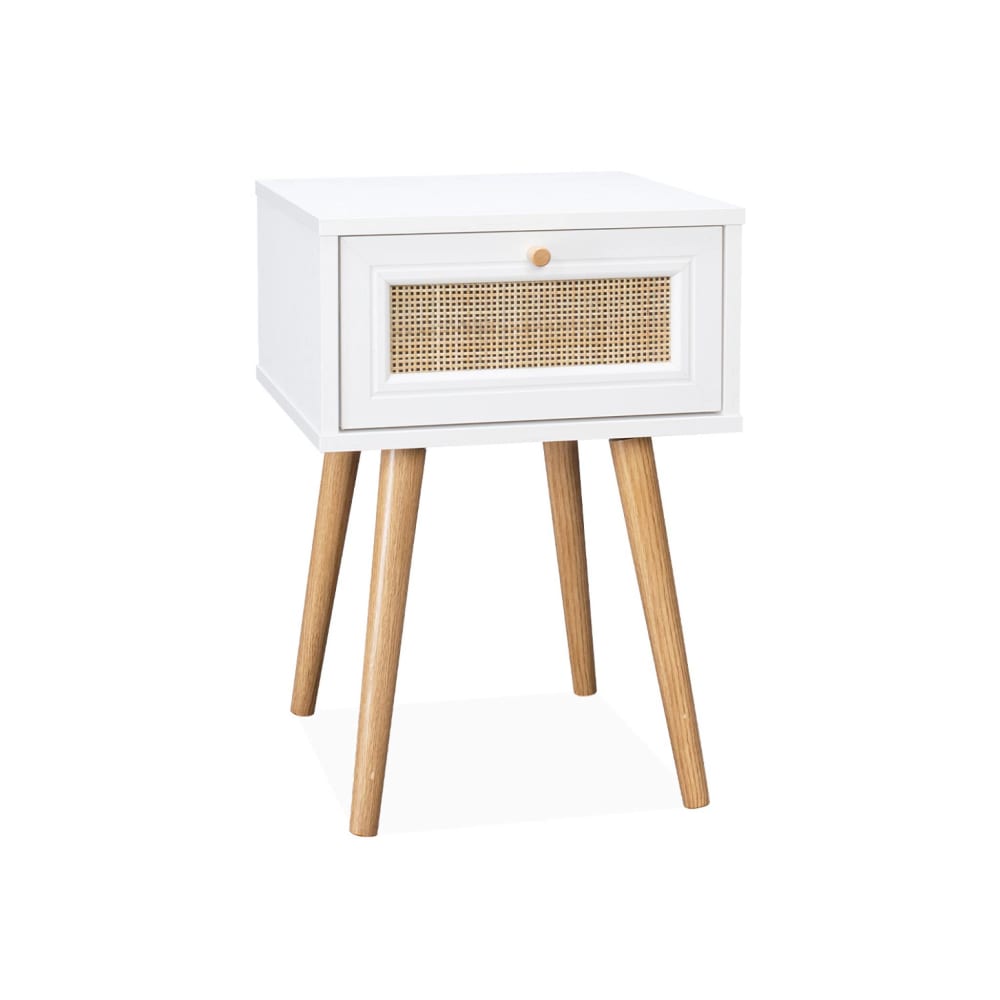 Table de chevet blanche décor bois / cannage 1 tiroir