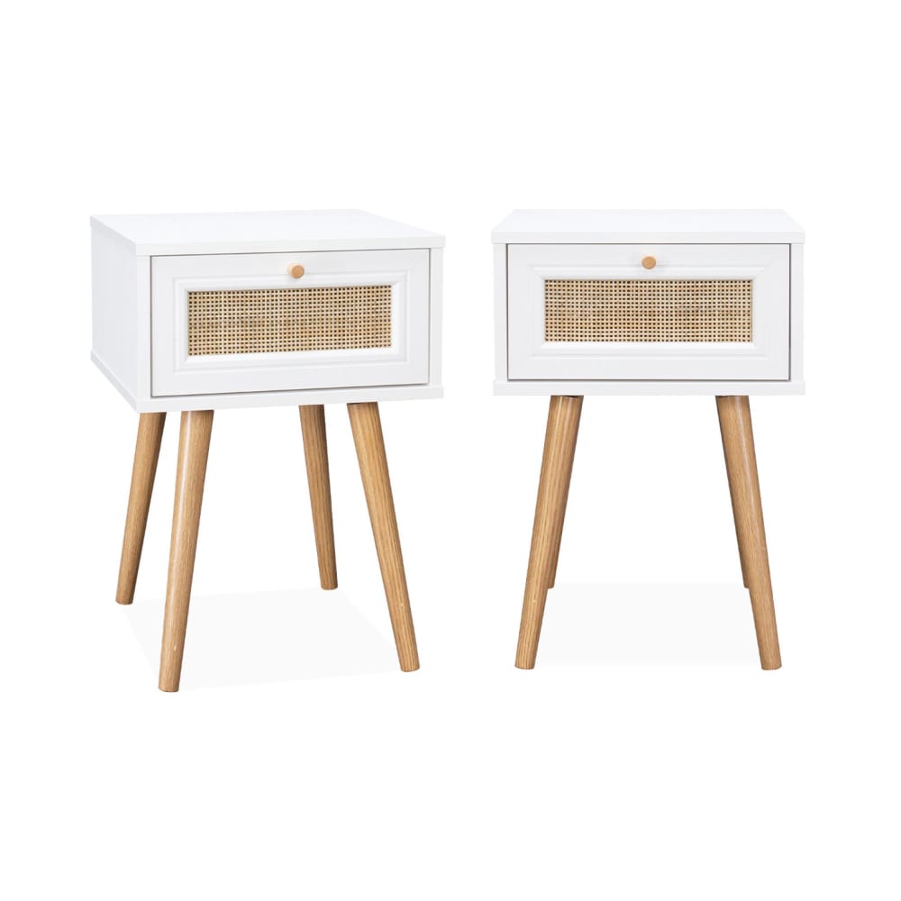 Lot de 2 tables de chevet décor bois blanc cannage