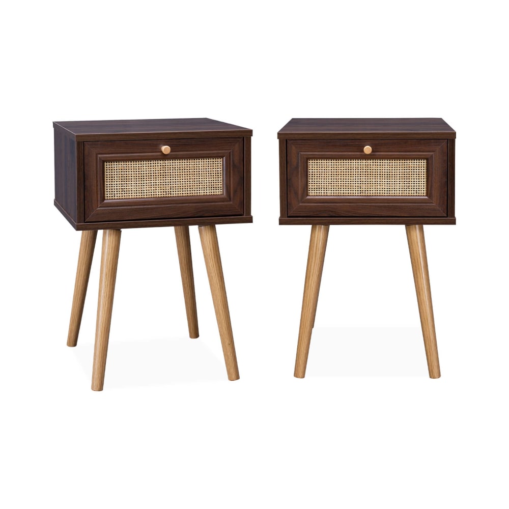 Lot de 2 tables de chevet décor bois foncé cannage
